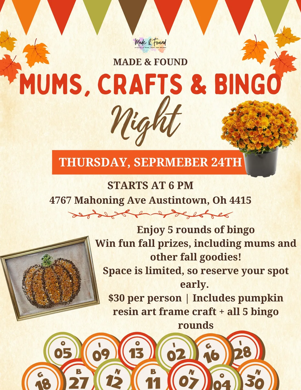 🍂🎃 Mums, Crafts & Bingo Night! 🎃🍂